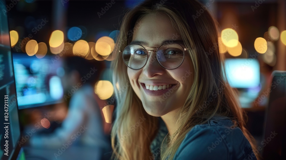 Happy smiling young woman working in office with computer. Happy smiling young woman working in office with computer.