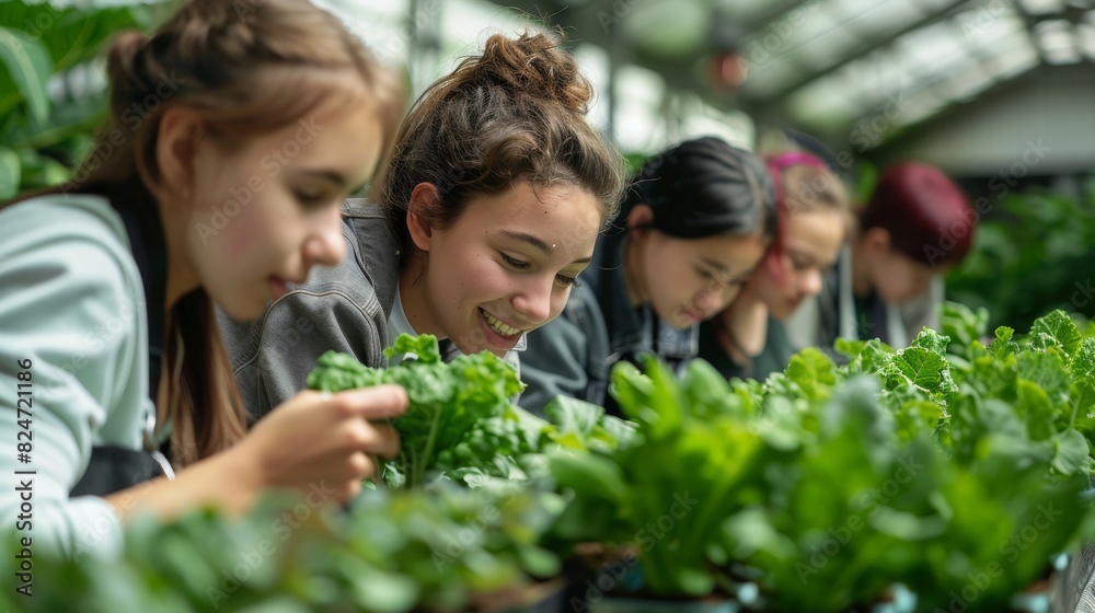 In a greenhouse, teenagers are learning how to plant vegetables, agriculture, and farm gardening. Generative AI.