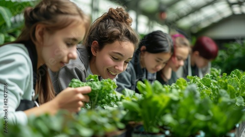 In a greenhouse, teenagers are learning how to plant vegetables, agriculture, and farm gardening. Generative AI. © visoot