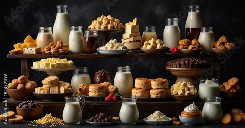 Favorite dairy products and frozen desserts, set against a dark and dramatic background. photo