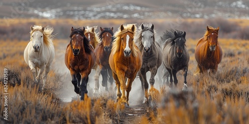 A herd of wild horses runs freely across the dusty landscape, their manes flowing with power and speed