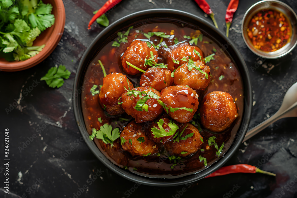 Top View of Artfully Arranged Vegetable Manchurian with Gravy in Black Bowl Top View of Artfully Arranged Vegetable Manchurian with Gravy in Black Bowl