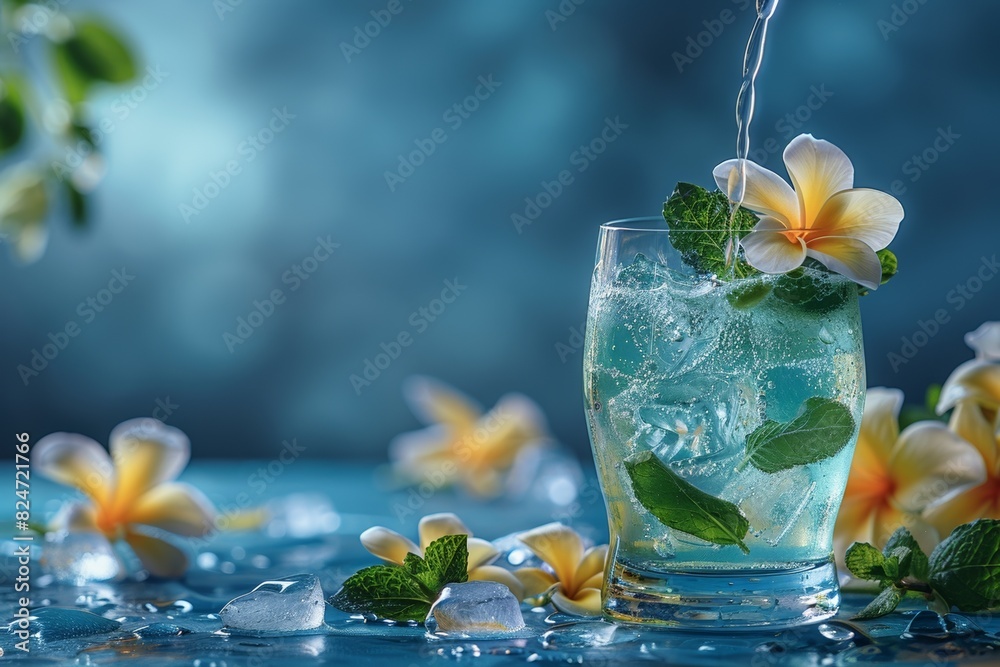A cool and refreshing summer cocktail, garnished with fresh mint and ice, served in a glass A cool and refreshing summer cocktail, garnished with fresh mint and ice, served in a glass