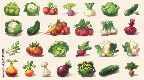 Cartoon illustration of 26 different vegetables in a vegetable collection