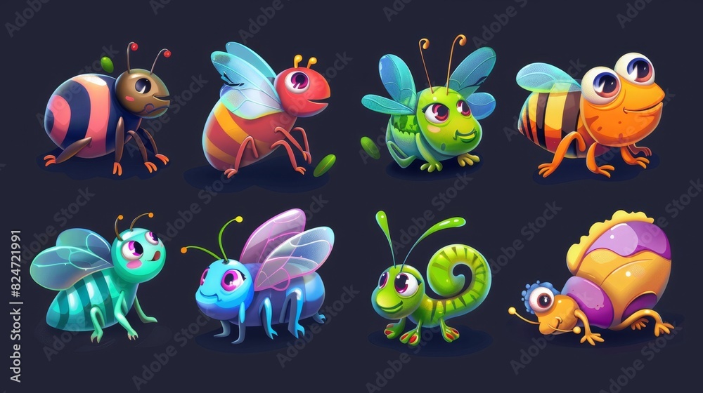 There are cute bugs like a ladybug, bees, worms, snails, butterflies, caterpillars, and funny insects such as dragonflies and mantises.