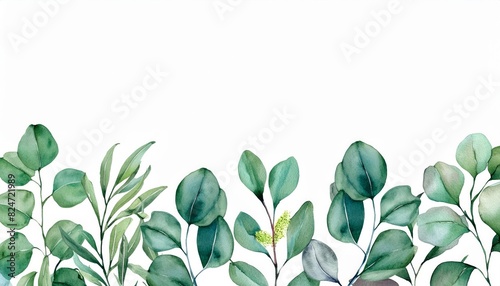 Elegant watercolor painted green leaves and branches on a white background photo