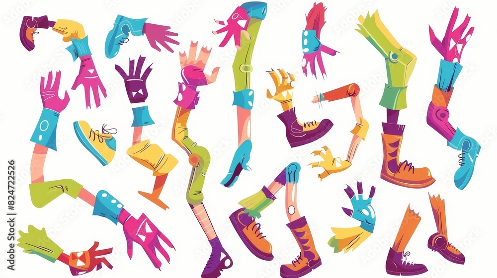 Funny cartoon hands and legs perform various gestures and actions. Modern illustration for body language, comics, artwork.