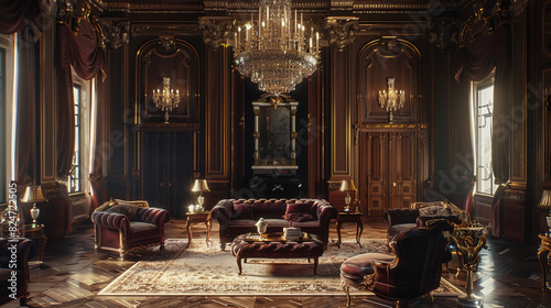 A luxurious living room with ornate moldings, intricate chandeliers, and plush, tufted sofas in rich fabrics. 