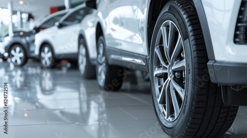 Show a close-up of car tires and wheels in the dealer parking lot, emphasizing the newness and readiness of the vehicles. 