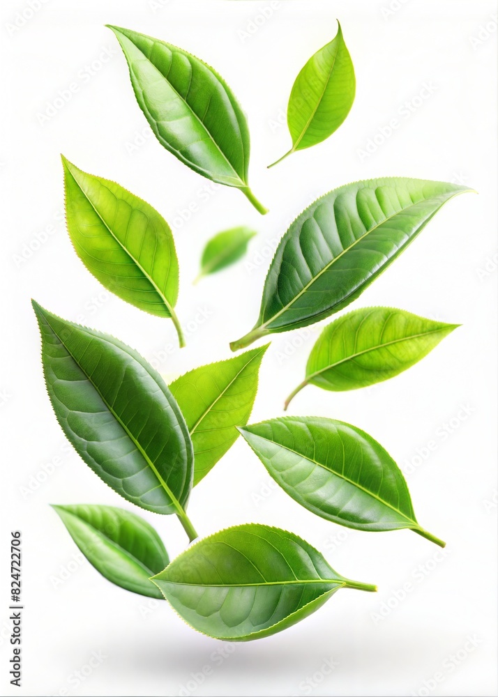 Fresh green tea leave falling on white background