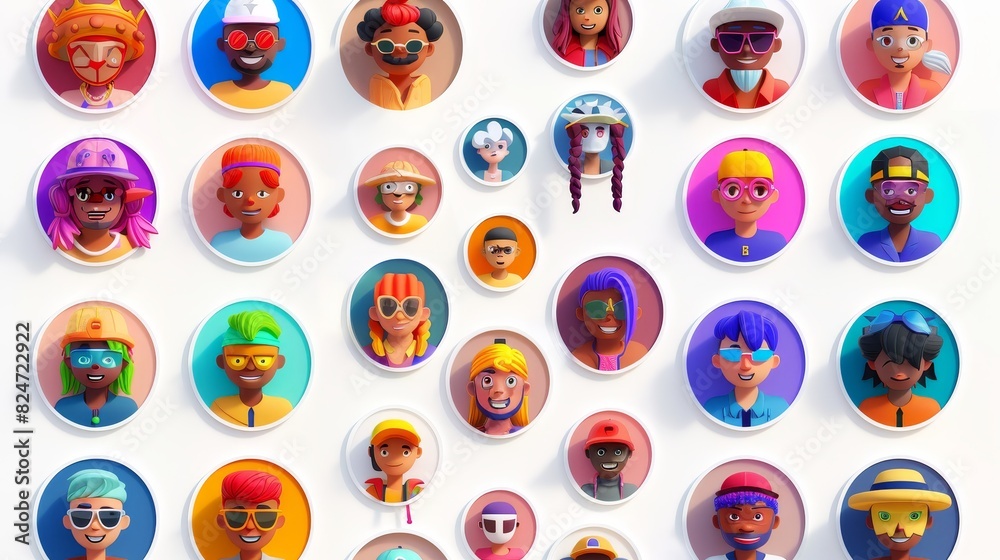 An avatar collection made up of 3D rendered figures. This set includes cartoon characters, user id thumbnails, and modern icons for social account designs. Portrait circles isolated on white. An avatar collection made up of 3D rendered figures. This set includes cartoon characters, user id thumbnails, and modern icons for social account designs. Portrait circles isolated on white.