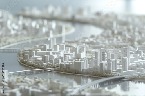 cityscape model of a white city on the river bank with buildings, roads and bridges, architectural model, aerial view with white unsharp background, white plastic, photorealistic // ai-generated 