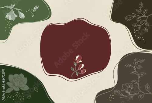 Stylish magnolia bloossom template invitation or greeting card with frame from pistachio green- burgundy- brown spots .Wedding , birthday, party invitation, female business card blank concept.