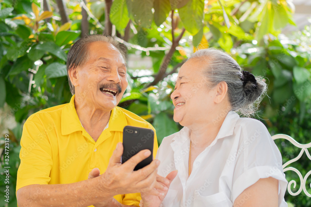 Senior lover enjoying while doing video call via app on phone. Older Asian people having fun at outdoor. Senior lover enjoying while doing video call via app on phone. Older Asian people having fun at outdoor.