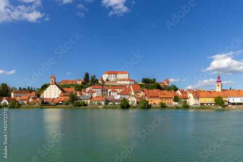 Beautiful view of Ptuj old town on the Drava River. Slovenian famous travel destination.