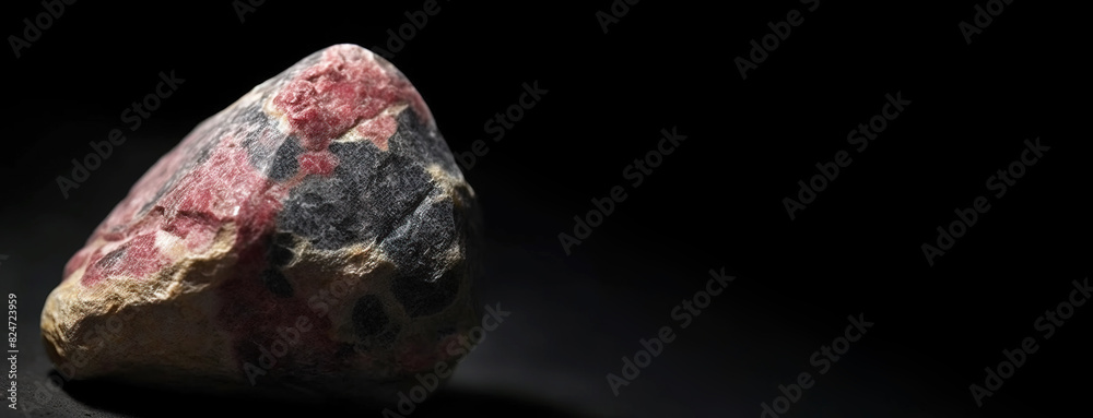 Tugtupite fossil mineral stone. Geological crystalline fossil. Dark background close-up.