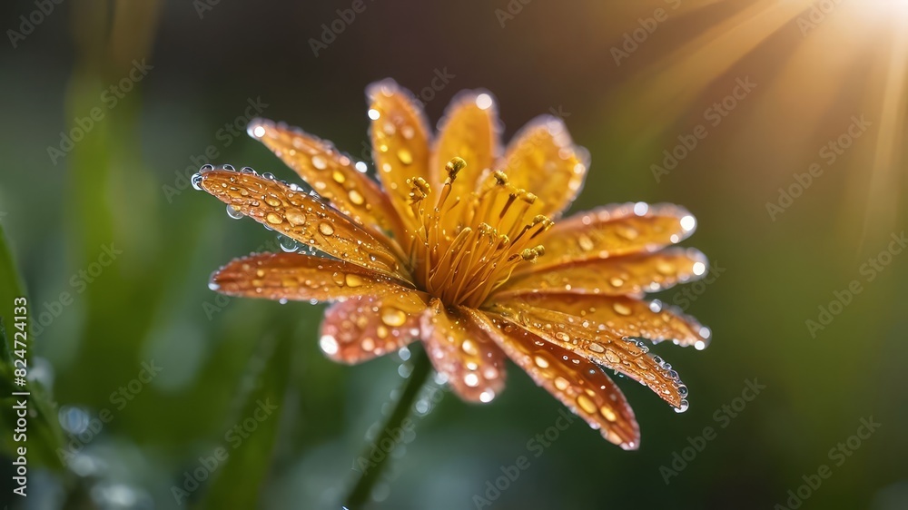 Close-up of an orange flower with dewdrops on petals, basking in the morning sunlight; the perfect representation of natural beauty and freshness.