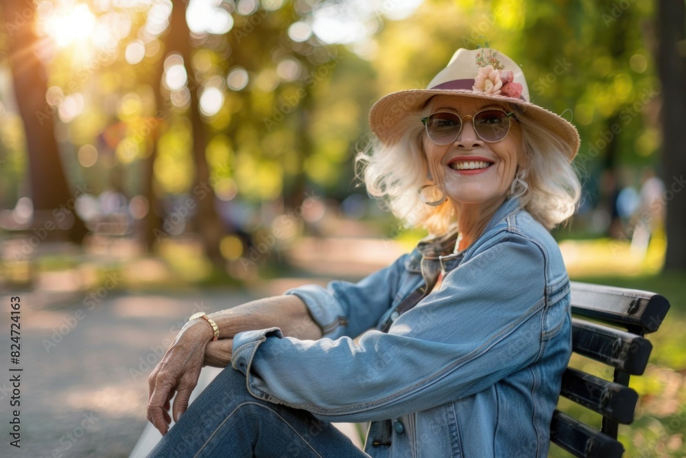 Senior Outside. Beautiful Senior Woman Sitting on Park Bench, Smiling with Joy and Confidence