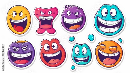 An adorable set of cartoon shapes with a happy smile on them. Funny comic character art and quote patches. Modern catchphrases and logos. photo