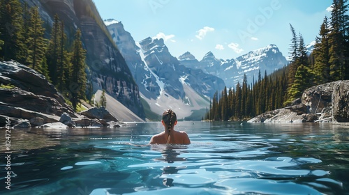 An adventurous swimmer enjoying a refreshing swim in a pristine mountain lake photo
