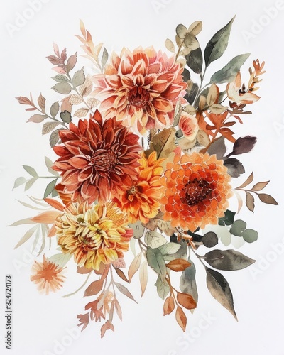 Fall Floral Bouquet. Orange Watercolor Dahlia and Hydrangea Arrangement for Autumn Rustic Wedding