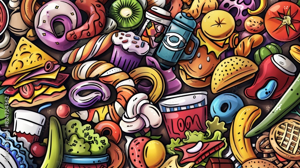 Cartoon illustration of fast food objects and elements. A colorful modern banner created using generational AI. Cartoon illustration of fast food objects and elements. A colorful modern banner created using generational AI.