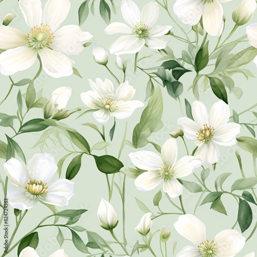 Soft and subtle watercolor wildflowers with white petals and green leaves  creating a seamless vintage-inspired pattern for a luxurious aesthetic