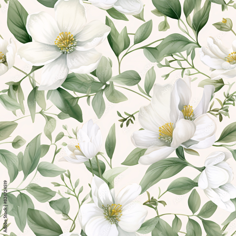 Soft and subtle watercolor wildflowers with white petals and green leaves, creating a seamless vintage-inspired pattern for a luxurious aesthetic Soft and subtle watercolor wildflowers with white petals and green leaves, creating a seamless vintage-inspired pattern for a luxurious aesthetic