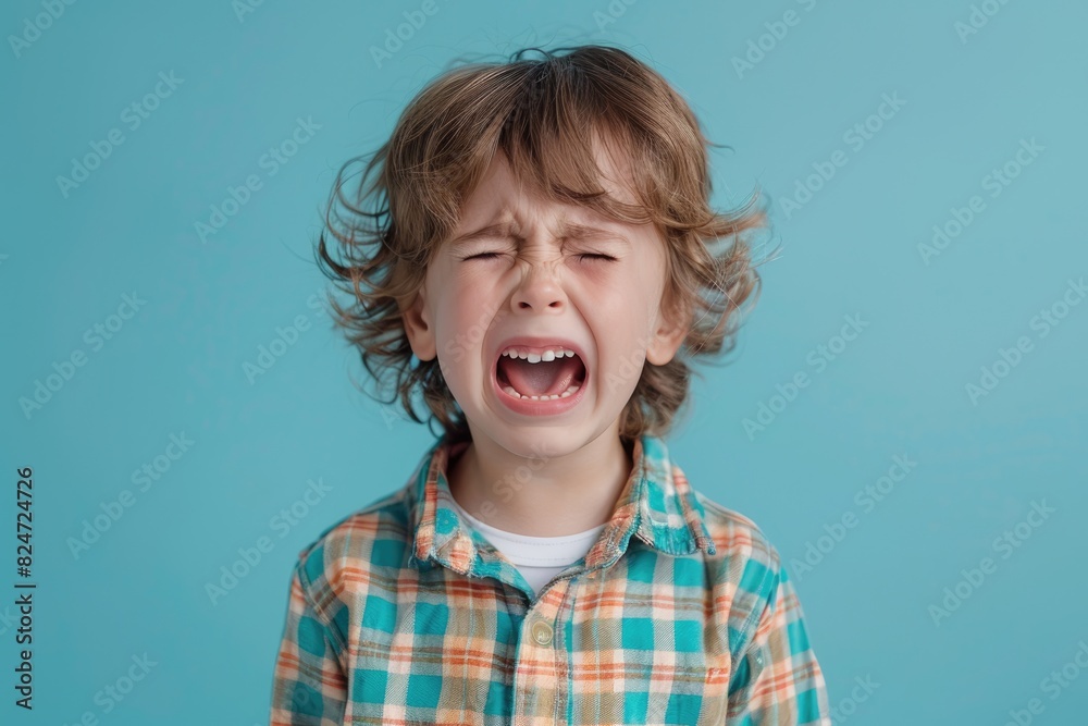 The little boy wearing a checkered shirt cried and laughed The little boy wearing a checkered shirt cried and laughed