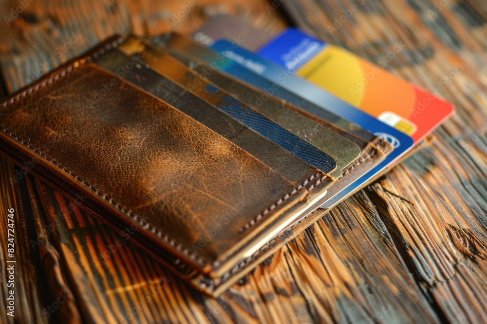 Discount Cards Wallet: Leather Billfold with Credit and Money in Background Discount Cards Wallet: Leather Billfold with Credit and Money in Background