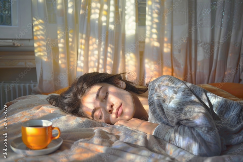 Woman Sleeping Peacefully as Day Breaks Through Curtains in Calm Morning Light