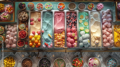 Illustrate an overhead scene of an eclectic ice cream parlor photo
