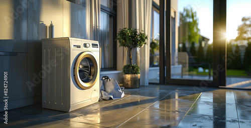 A washing machine, placed at the doorstep, modern style. Generative AI.