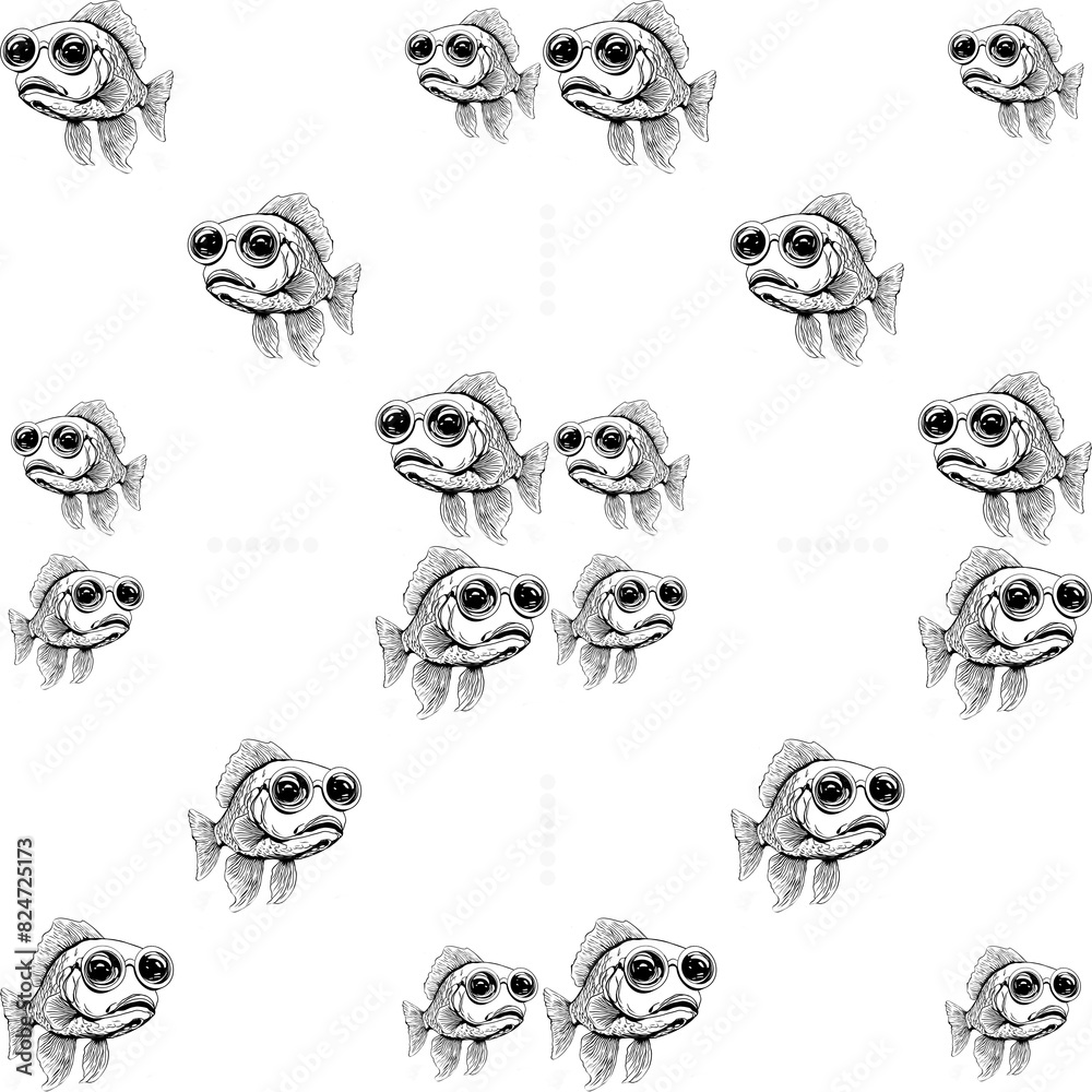 Seamless pattern black fish with glasses on transparent background, suitable for printing on paper and textiles