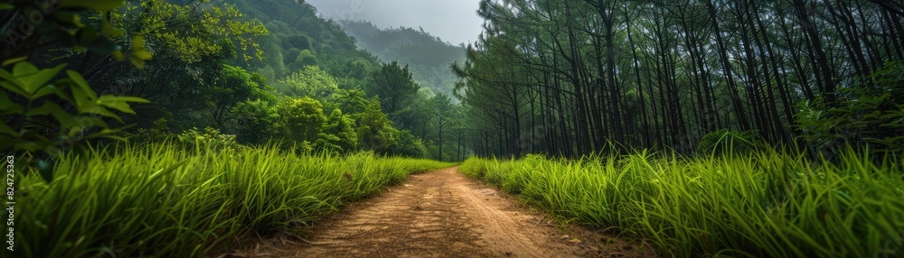 Scenic dirt path leading through a lush green forest on a foggy day, surrounded by dense vegetation and tall trees in a peaceful landscape. Scenic dirt path leading through a lush green forest on a foggy day, surrounded by dense vegetation and tall trees in a peaceful landscape.