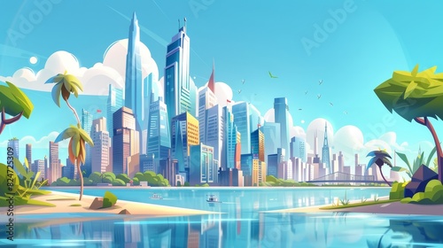 Cartoon illustration of big city skyscrapers skyline. Abstract landscape background.