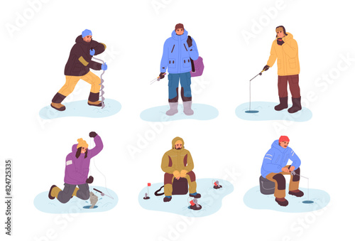 People are at ice fishing set. Fishers catch fish through holes in frozen lake. Fishermans angling with rods and equipment at winter season. Flat isolated vector illustrations on white background © Paper Trident