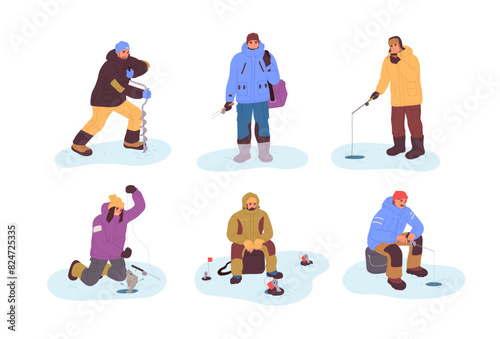 People are at ice fishing set. Fishers catch fish through holes in frozen lake. Fishermans angling with rods and equipment at winter season. Flat isolated vector illustrations on white background
