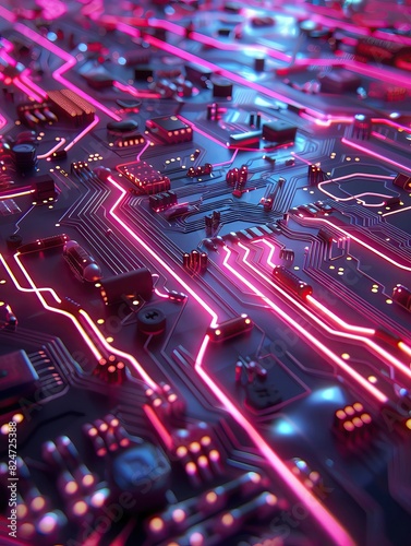 Circuit board with neon traces and electronic components, forming a futuristic and tech centric background photo