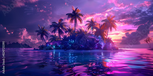 Purple and blue sunset over the ocean with palm trees and a beach, Crismistmas Sunset view wallpaper psychedelic Coastal Flexography GoPro view CGI Contrasty photo