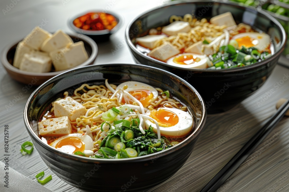 Asian Miso ramen noodles with egg, tofu, and enoki served in bowls on a grey wooden backdrop.
