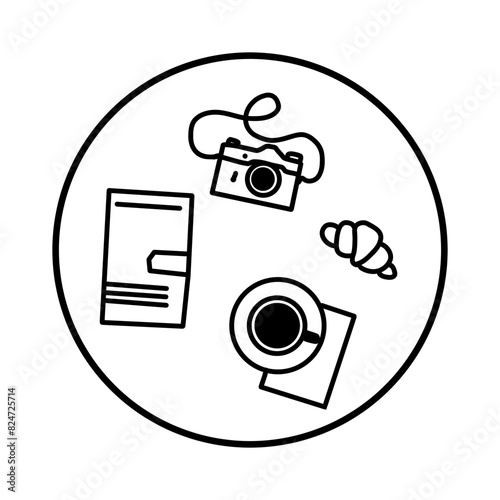 Hipster traveling  kit, view from top, vintage starter pack, doodle style in white, top view. Flat lay of travel kit icon
