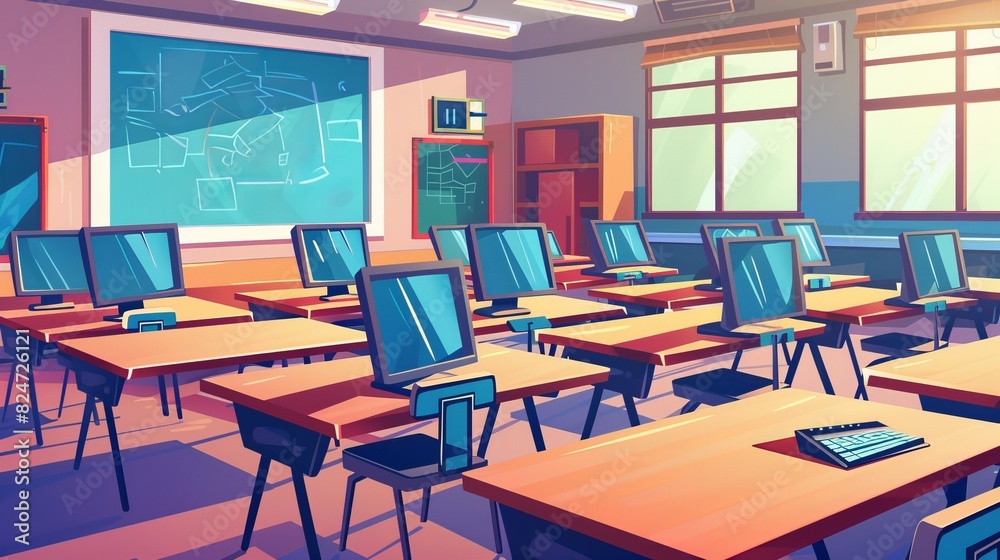 A cartoon illustration of an empty high school college university computer science classroom. The motif is an interior room with objects, a desk board, a chair, a monitor board, and books. The A cartoon illustration of an empty high school college university computer science classroom. The motif is an interior room with objects, a desk board, a chair, a monitor board, and books. The