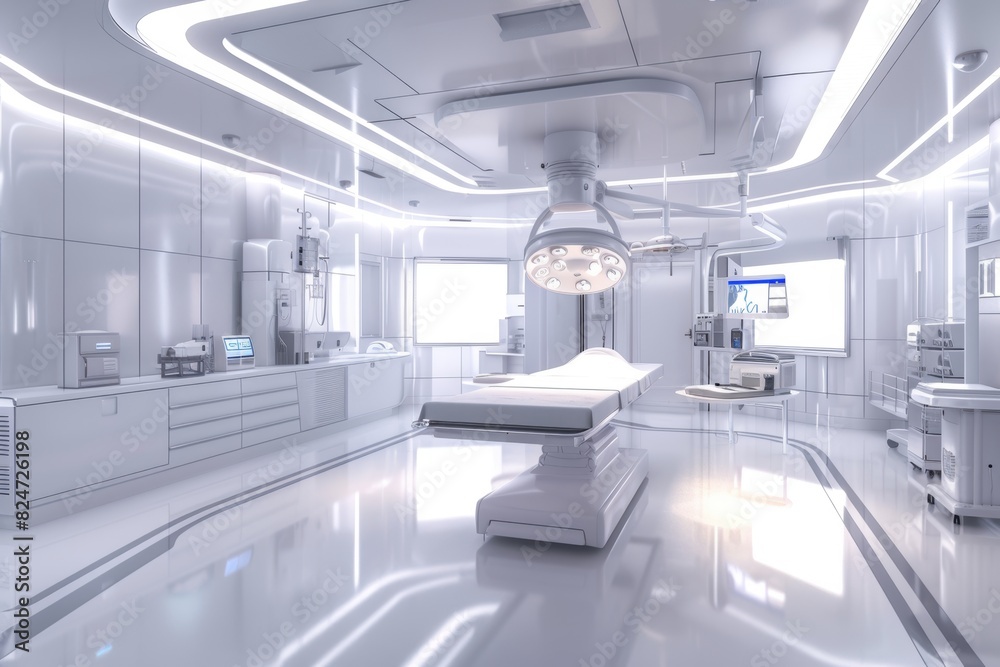 Day in modern operating room with sleek design, white background for medical industry Day in modern operating room with sleek design, white background for medical industry