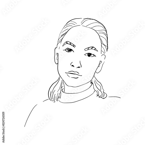 Vector art drawing, sketch portrait of gorgeous dreamy girl isolated on white. Facial expressions, tender woman