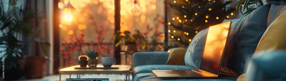A warm, inviting home office with a laptop on a table, surrounded by plants and sunset lighting through large windows. A warm, inviting home office with a laptop on a table, surrounded by plants and sunset lighting through large windows.