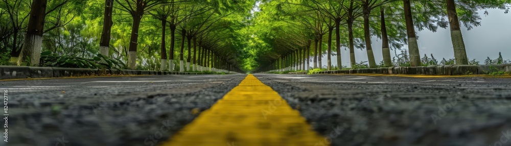 Low-angle view of a road with a yellow dividing line flanked by trees, creating a canopy of green foliage overhead. Low-angle view of a road with a yellow dividing line flanked by trees, creating a canopy of green foliage overhead.