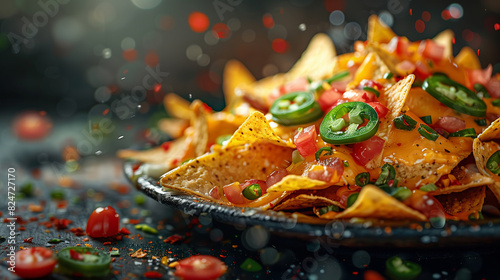 A platter of Tex-Mex nachos, layered with cheese and jalapeños