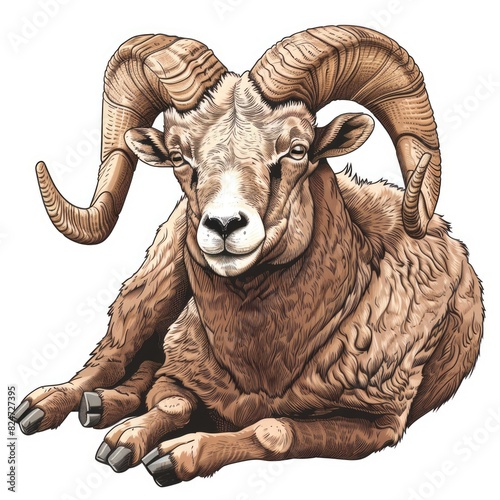 vector illustration of a horned ram bighorn sheep, representing animal livestock in agriculture, ideal for butchery meat shop designs on white background.
 photo