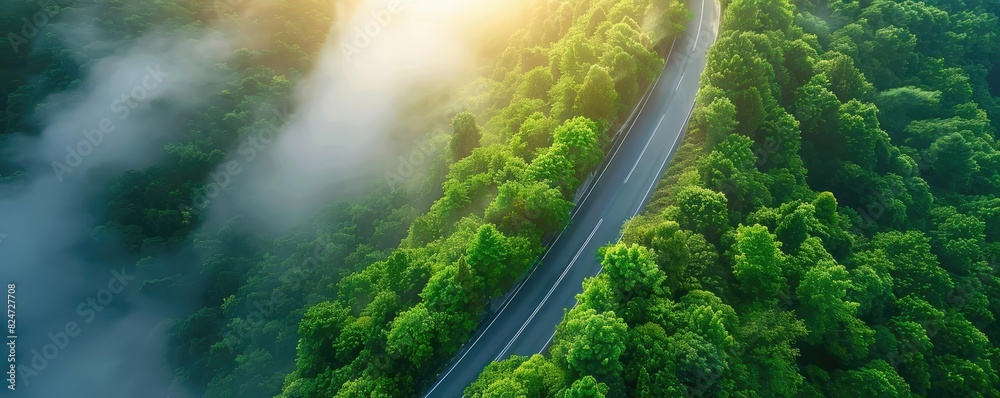 Aerial view of a winding road through lush green forest with sunlight ...